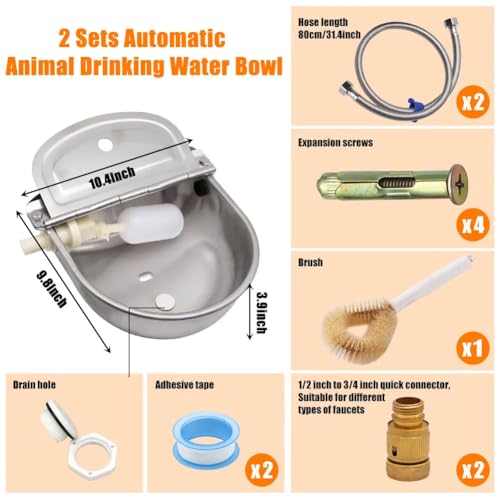 2-Pack Automatic Livestock Waterer, 304 Stainless Steel Auto Fill Drinking Bowl with Float Valve, Drainage Hole & Protective Baffle, Wall Mount or Floor Stand, for Dogs, Chickens, Horses, Goats, Pigs