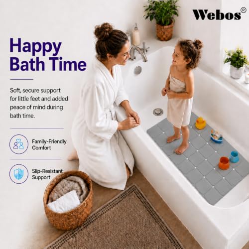 Webos Silicone Bath Mat with Suction Cups – Non-Slip Foldable Bathtub & Shower Mat, Durable & Quick-Dry Safety Tub Mat with Large Drain Holes for Families 28"x 14" Grey - color: Grey, size: 28" x 14" (Rectangular)