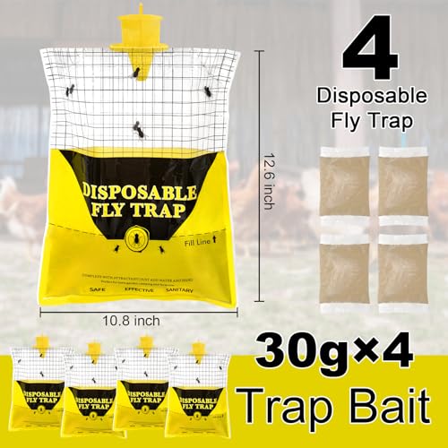 Outdoor Fly Traps for Patio - 4 Large Pre-Baited Flies Bags Disposable | Hanging Fly Catcher Killer Repellent with 4*50g Bait for Stable Horse Barn & Farm | Easy to use | Durable | Effective - size: 4 pack