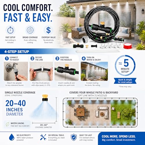 Misters for Outside Patio 63FT(19.2M)+21 Brass Mist Nozzles+a Brass Adapter(3/4") Detachable outdoor misting cooling system for Garden, waterpark, Greenhouse, Backyard, Fan, Umbrella, Deck, Canopy - size: 63 feet