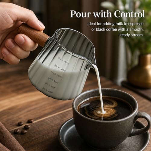 6 oz Espresso Cups - Glass Measuring Cups with Spout - Ribbed Small Creamer Pitcher- Expresso Shots Cup with Wood Handle for Coffee Milk, Dishwasher Safe (Grey, 2 pack) - color: Gray, size: 2 pack