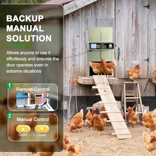 Automatic Chicken Coop Door Solar Powered with Timer, Light Sensor, Remote Control Manual Mode, LCD Display, Aluminum Alloy 4 Auto Modes Wide Size Chicken House Door, Anti-Pinch, USB Backup, Green - color: Sage Green