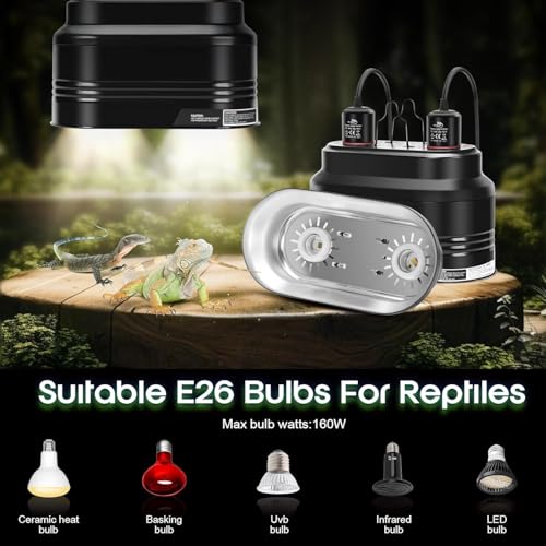 MECESOR Dual Reptile Light Fixture, Double Reptile Heat Lamp Fixture with Independent Thermostat Control & Timer Dimming Function Reflector Dome Lamp Fixture for Bearded Dragon, Lizard Terrarium
