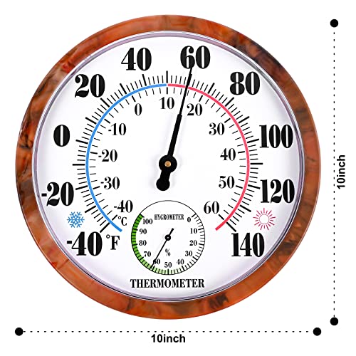 Outdoor Thermometer Hygrometer 10Inch Outdoor Thermometers for Patio | Large Numbers, 2 in 1 Thermometer Hygrometer, No Battery Needed Large Outside Thermometers for Patio (Brown) - color: Brown