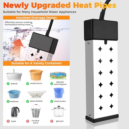 Immersion Water Heater Electric, Fast Heating Portable Water Heater with 304 Stainless Steel, Anti Dry Burn Protection and Adjustable Thermostat, Fast Heating for Bathtubs, Buckets, 120V