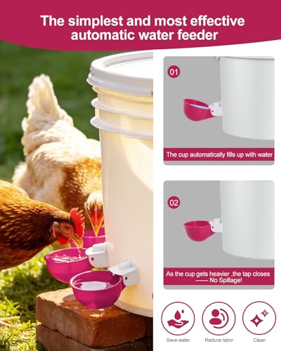 Chicken Waterer Cups (16 Pack) with 3/8" Drill Bit - Purplish Red | Automatic Poultry Drinker Feeder Kit for Chickens, Ducks, Turkeys, Quail, Bunnies | DIY Gravity Fed Bucket Water Dispenser - color: Purplish Red, size: 16 Pack + Drill bit