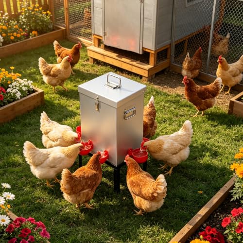 3 Gal Galvanized Steel Poultry Waterer, Automatic Poultry Waterer | Chicken Waterer with 4 Water Cups, Reinforced Base & Secure Latch, Heavy Duty Watering System for Backyard Chickens Ducks