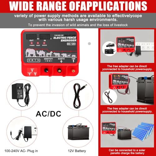 15.5J Electric Fence Charger Kit, 30 Mile 110VAC Plug-in Fence Charger with 50 Black Insulators, Socket Tool, 250 ft Aluminum Wire for Farm Fencing, Pasture Boundary Setup