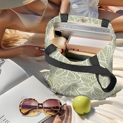 Canvas Tote Bag for Women，Cute Heavy-Duty Shoulder Bag with Zipper Pocket -Travel Tote for Grocery, Gym,Shopping - color: Green Leaves