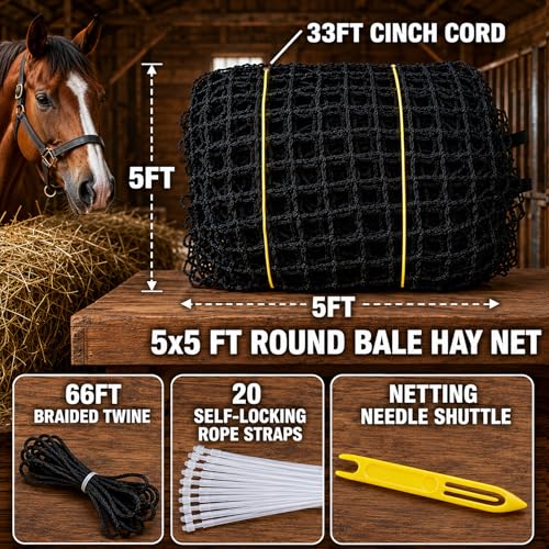 5x5 ft Round Bale Hay Net for Horses & Goats, 1.5" Holes Slow Feeder Hay Nets with Hay Net Repair Tool - size: 5*5*5 FT