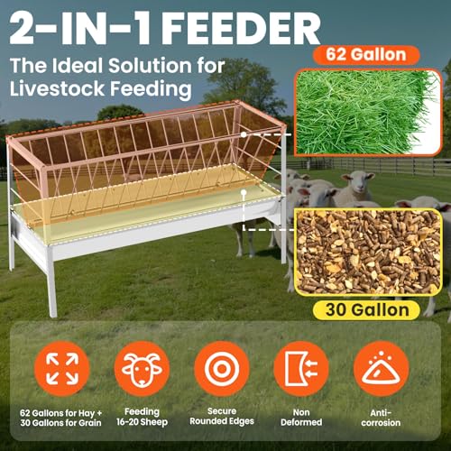 92 Gallon Steinless Steel Goat Hay Feeder，2-in-1 Design with 62 Gal Top Hay Feeder and 30 Gal Base Trough，Corrosion Resistant Livestock Feeder for Barns, Pastures, Farms