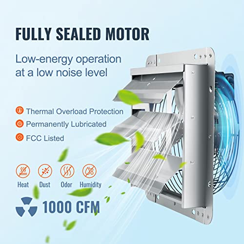 VEVOR 12 Inch Shutter Exhaust Fan Wall Mounted 1347 CFM Automatic Louvers, Sturdy Steel Housing, Low Noise, AC Motor, Ventilation and Cooling for Attic, Garage, Barn, Greenhouse, Workshop, Silver - size: 12 Inch