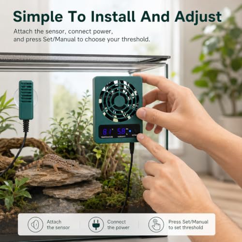 Reptile Ventilation Fan, Auto Temperature/Thermometer Control LED Digital Humidity Gauge, °C/°F Switchable Dehumidifier for Reptile Tank, Rainforest, Ecological Pet Rearing Box - size: Dual Function