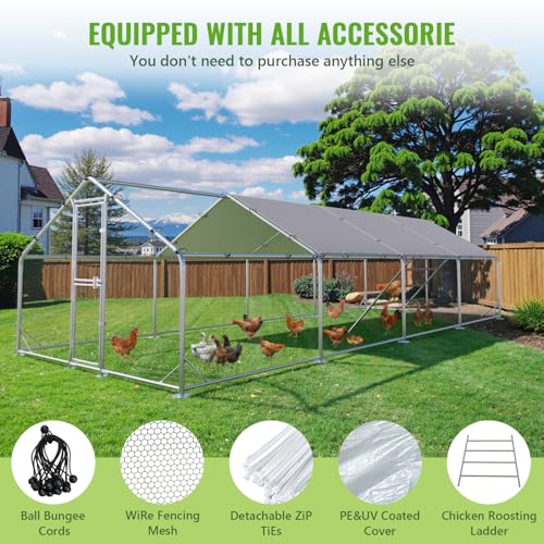 Large Metal Chicken Coop Runs for Yard with Cover, 10x26x6.5 | Perch Bars, Split Doors, Waterproof Covers, Mesh Wire - size: 315.0"L x 118.1"W x 78.7"H