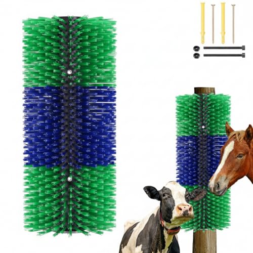 1 Pack Livestock Scratching Brush, Blue and Green | Animal Scratcher, Itch Relief Grooming, Horse Goat Cow Scratcher, Fence Post Mounting, Durable Bristles, Farm Livestock Care - color: Blue and Green
