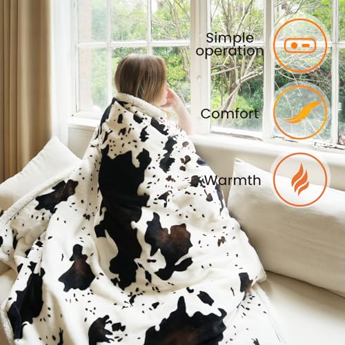 Heated Blanket Twin Blanket - Fast Heating Electric Blanket, Soft Heated Throw with 4 Time Settings,10 Heating Settings, Warm Gifts for Women Mom Grandma(62" x 84" Cow Print White) - color: 01 - Black Ombre-white, size: Twin 62" x 84"