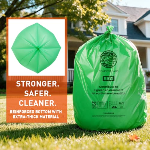 55-60 Gallon Compostable Trash Bags Liners, Heavy Duty Extra Thick 1.57 Mil, 208.2 Liter, 15 Bags, Lawn, Yard, and Restaurant Use, ASTM D6400, US BPI, OK Compost Home Certified - color: 55G-15count
