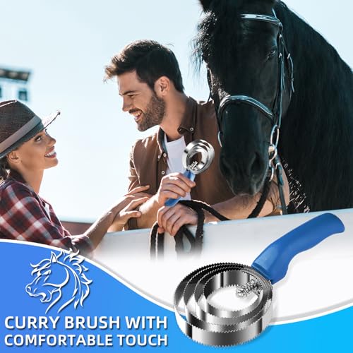 Double Sided Stainless Steel Curry Comb With Soft Grip, Shedding & Grooming Tool For Dogs, Cattle & Horses (Blue) - color: Blue