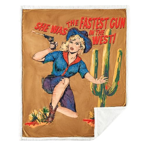 Paseo Road Indigo Hill by HiEnd Accents Gunslinger 54x68 Throw Blanket | Retro-Style Blonde Girl Desert Print, Rustic Southwestern-Style Western Sherpa Fleece Blanket for the Couch, Sofa, or Bed - color: Gunslinger