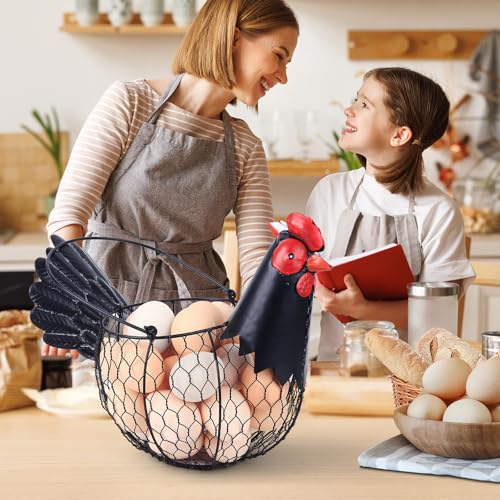 Chicken Egg Collecting Basket,Metal Wire Eggs Holder Bowl with Handle | Farmhouse Chicken Decor,Rustic Black Rooster Chicken Shaped Fruit Countertop for Home Kitchen Decoration - color: Rustic Black