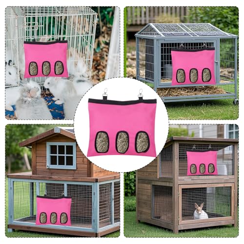 2PCS Rabbit Hay Feeder,3 Hole Hay Bag for Rabbits, Washable Hanging Small Animal Feeder for Guinea Pig Bunny Chinchillas Hamsters and Other Pets - color: Pink