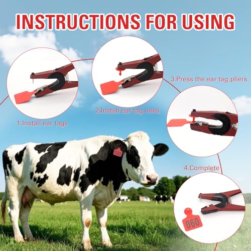 Cattle Ear Tags 001-100, 100Pcs Plastic Livestock Ear Tag for Cows Goats Sheep Pigs with Pliers Applicator & 2 Pins, Animal ID Tags for Ranch Farm Herd Tracking, Laser Print (001-100, Red) - color: Red