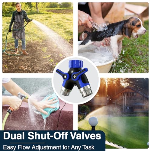 DBR Tech® Hose Splitter 2 Way, Heavy Duty Metal Connector, Two Way Garden Hose Splitter, High Flow Spigot Faucet Bib Adapter, Solid Double Y Shut Off Valve for Outdoor Gardening Hoses, Blue - color: Blue