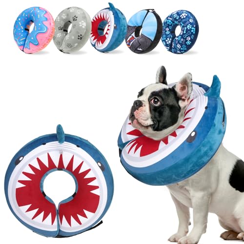 SCENEREAL Dog Cone Alternative After Surgery for Small Medium Large Dogs | Inflatable Cone Collar for Dogs Cats, Adjustable Soft Recovery Donut Collar to Prevent Licking, Shark Print E-Collars - color: Blue Shark, size: M(Neck 13"-16")