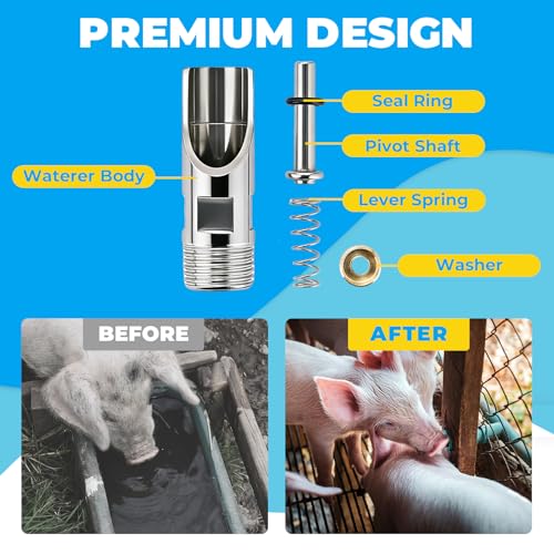 NATGAI 20 Pack Pig Water Nipple, 1/2" NPT Stainless Steel Automatic | Pig Nipple Waterer, Heavy Duty Hog & Swine Water Drinker Feeder, Pig Nipple Drinker for Sows, Piglets & Goats Drinking System