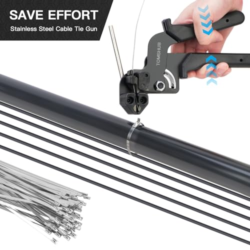 Metal Zip Tie Tool Kit, 100pcs 11.8 Inch Stainless Steel Zip Ties | Heavy Duty Self-locking Cable Tie Gun Kit for Fastening and Cutting Fence Exhaust Pipe Outdoor - color: Silver,black