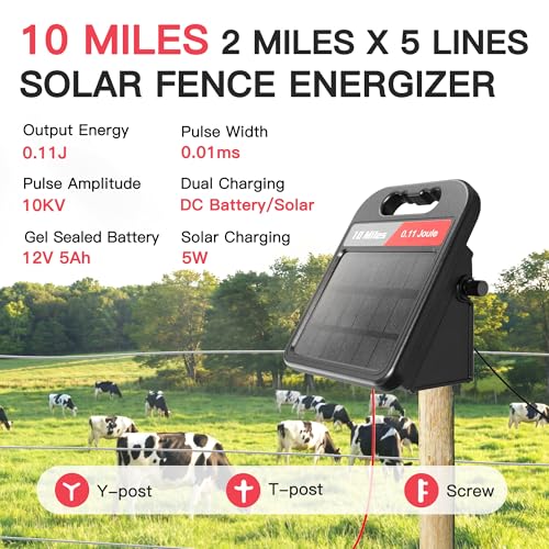 10 Mile Solar Fence Charger 0.11J Electric Fence Energizer with Day Night Mode 24-Hour Protection Black - size: 0.11J Black