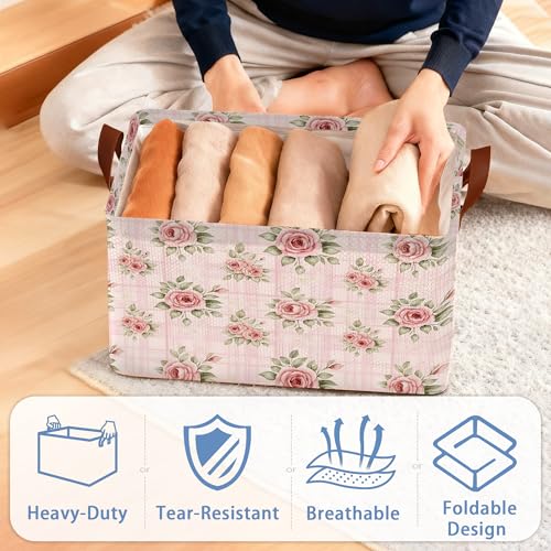 Vintage Pink Rose Storage Baskets,Foldable Large Capacity Organizer Bins with Waterproof Lining and Leather Handles for Closet,Shelf,Bedroom 17x11.5x10Inch - color: Vintage Pink Rose