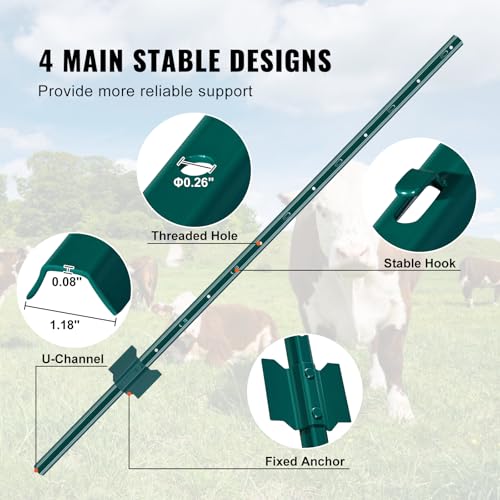 VEVOR 4 Feet U-Channel Metal Fence Post, 10 Pack with 20 Zip Ties & 20 Clips, Sturdy Steel Stakes for Garden Yard, Lawn, Farms and Outdoor Wire Fencing, Green - size: 4 Feet 10 Pack