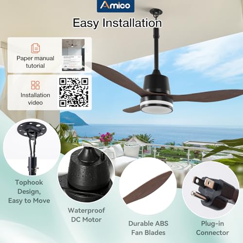 Amico 42" Outdoor Ceiling Fans with Lights, IP65 Waterproof Gazebo Fan | Waterproof, Remote Control, 3000-6000K, 6 Speeds, Hook Hanging Plug in, for Patio Porch Pergola Garage - size: 42 inch Wood