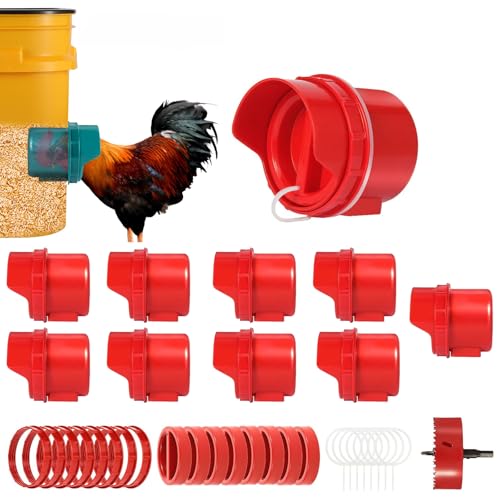 Chicken Feeder No Waste, 10 Ports Automatic Poultry Feeder with Covers & Hole Saw, Rain Proof Chicken Feeder Port for Buckets, Bins & Barrels - color: Red