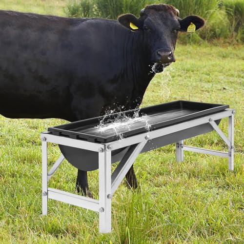 Livestock Feed Trough 9.25Gal Horse Water Trough with Stand, 39" Long Large Capacity Feeder Galvanized Livestock Feeding Troughs Heavy Duty Hay Feeder for Goats, Sheep, Calves (Silver+Black) - color: Silver+Black