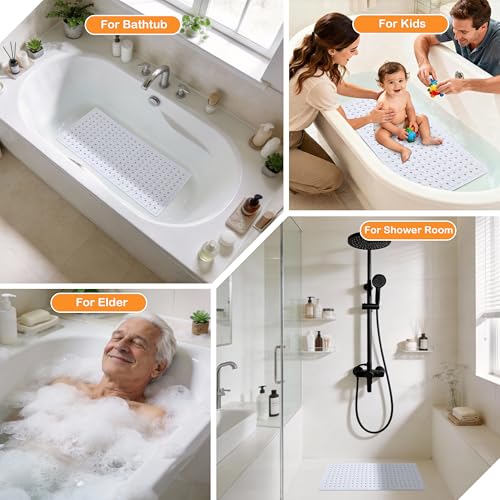 Yimobra Bathtub Mat Non Slip, 34.5"X15.5" Long Shower Mat for Inside Shower, Machine Washable Bath Mat with Drain Holes & Strong Suction Cups, Soft on Feet, Bathroom Essentials, White - color: White, size: 34.5 X 15.5 Inch