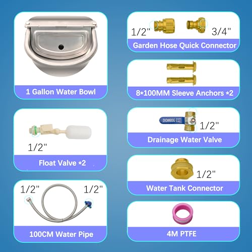 Automatic Dog Water Dispenser with Drain Hole & Drain Valve, Stainless Steel Auto Dog Water Bowl with 2 Float Valves, Hose Quick Connect Fitting, for Livestock, Chicken, Horse (1 Gallon) - size: 1 Gallons