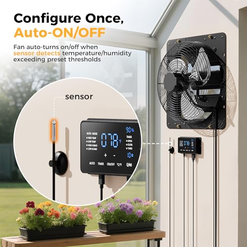 CAMMOO 14 Inch Exhaust Fan, 1000 CFM, with Temp Humidity and Speed Control | 10-Speed EC Motor Attic Fan with Thermostat, 6 Inch Large Touchscreen Controller, for Greenhouse, Garage Ventilation - size: 14 Inch