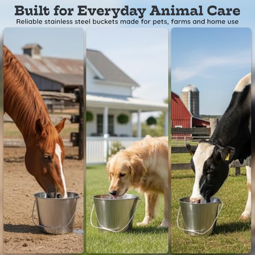 13 Quart Heavy Duty Stainless Steel Round Bucket with Arc Handle, Metal Feed Bucket, Water Pail for Dogs, Horses, Goats, Livestock, Farm & Kennel - size: 13 Quarts