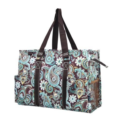 NGIL Utility Water Resistant Tote Bag | Work Tote for Women, Nurse Bag, Teacher's Choice Purse, Gym Bag, Everyday Organizer Top Zipper Closure - color: Teal Paisley-brown