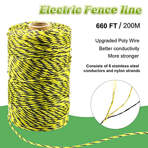 656 Feet Electric Fence Polywire & 50 Pcs Electric Fence Insulator, Portable Electric Fencing Poly Wire Rope Line 6 Steel Strands for Reliable Conductivity & Rust Resistance - size: 656 Ft + 50 Pcs Insulators