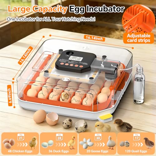 48 Egg Incubators for Hatching Eggs, Chicken Incubator with Auto Turner, Digital Temp & Humidity Control, Built-in Egg Candler & External Water Refill - for Hatching Chicks, Ducks, Quail, Goose Eggs