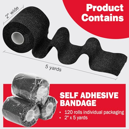 AZEN 120 Pack Self Adhesive Bandage Wrap Black, 2" X 5 Yards Black Athletic Tape, Vet Wrap, Ankle Tape, Cohesive Bandage Wrap - color: Black, size: 2IN - 120Pack