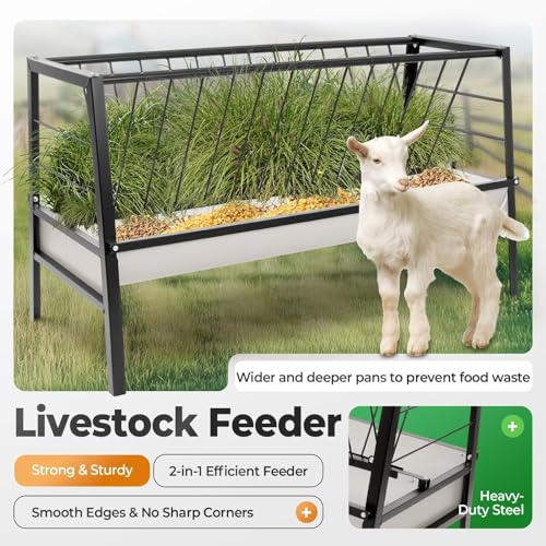 Pasture Hay Feeder 2 in 1 55 Gallon Livestock Feed Trough with 22 | Gallon Feed Pan Hay Grain Livestock Feeder for Sheep, Calf, Cow and Horse - color: Black
