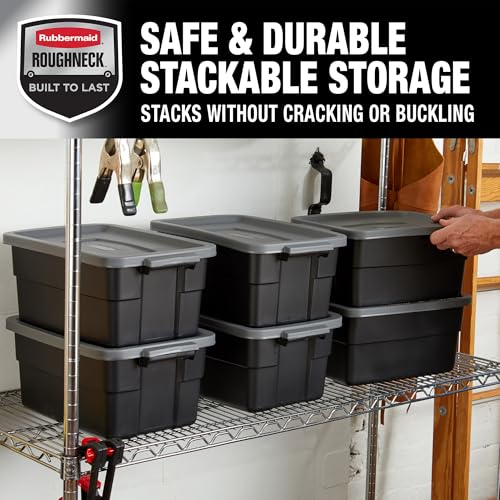 Rubbermaid 6-Pack Heavy Duty Durable 3 GAL Totes for Storage with Snap Lids and Handles, Plastic Storage Bins Stackable Black Gray for Home and Garage (3 GAL - 6 Pack Solid Black and Grey) - size: 3 Gal - 6 Pack