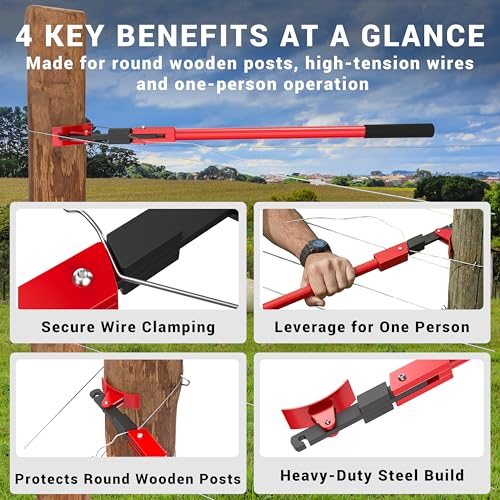 Fence Wire Stretcher Tool and Wire Tensioner for Round Wooden Posts, Heavy-Duty Fence Wire Tensioning & Repair Tool for Barbed/Smooth/Electric Wire, Easy One-Person Use on Farm & Ranch
