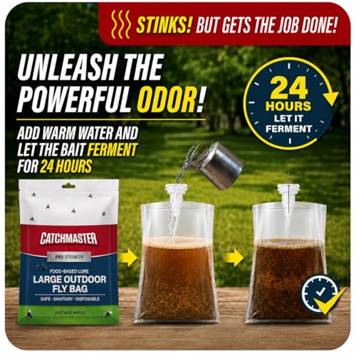 Catchmaster Disposable Outdoor Fly Trap, 2 Hanging Bags with Bait | Catches house, bottle & blowflies, Holds up to 30,000 flies, Food-based lure, no spray needed, For backyards, patios & decks