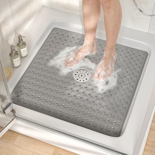 HITSLAM Non Slip Shower Mat, Square Bathtub Mat, 24x24 Inch, Grey | Diamond Textured PVC Bath Mat With Suction Cups, Shower Stall Mat with Center Drain Hole, Strong Grip, Machine Washable - color: Grey