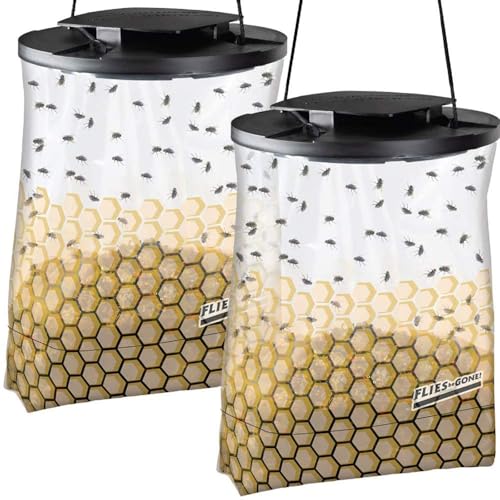 Flies Be Gone Fly Trap – Disposable Outdoor Fly Trap, Protein-Powered Attractant for Farms, Ranches & Patios – Reusable Hanging Fly Catcher, Fast Fly Infestation Control for Livestock & Backyards - size: 2 Traps